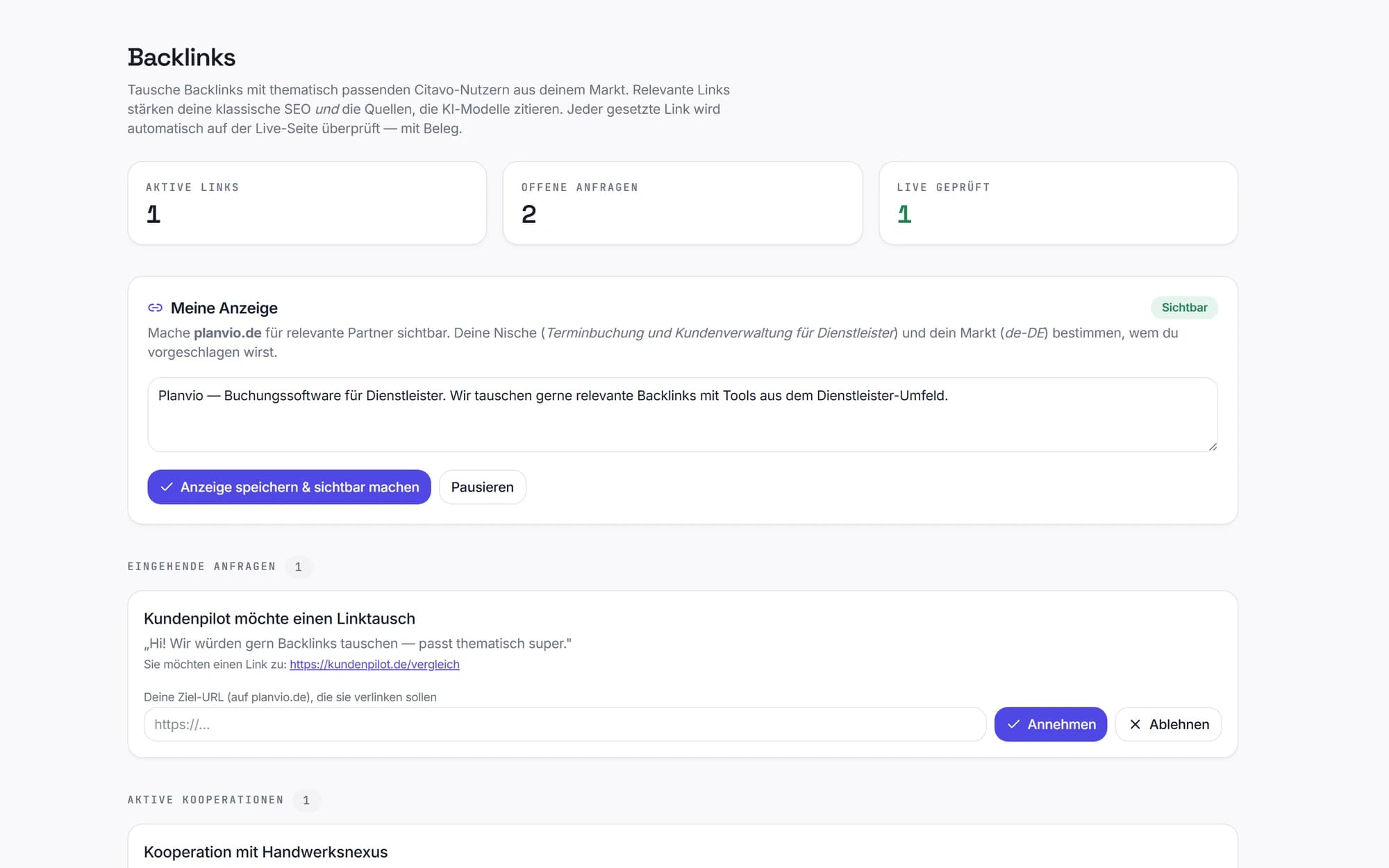 Backlink-Netzwerk: relevanzgematchte Partner mit Live-Prüfung